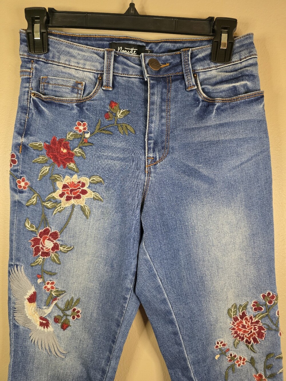 Nanette Lepore HW Astor Skinny Jeans Embroidered Floral Bird Crane Size 2 - Picture 2 of 11